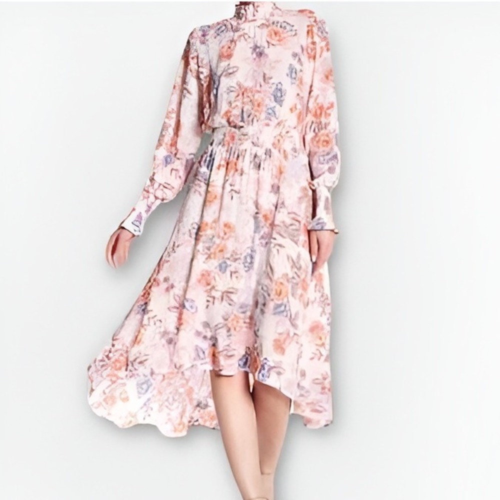 Nanette Lepore Floral Mock Neck Smocked Waist Midi Dress Women Size 14 Romantic‎